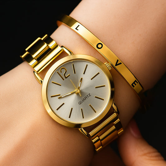 Gouden Horloge en Armband Set voor Dames – LuxeGlow™ – Tijdloos en Minimalistisch Design