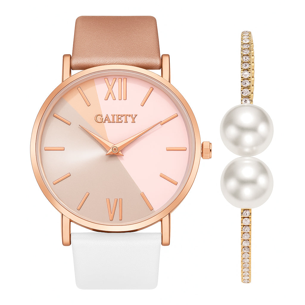 Blush Pearl - Horloge & Parel Armband Set