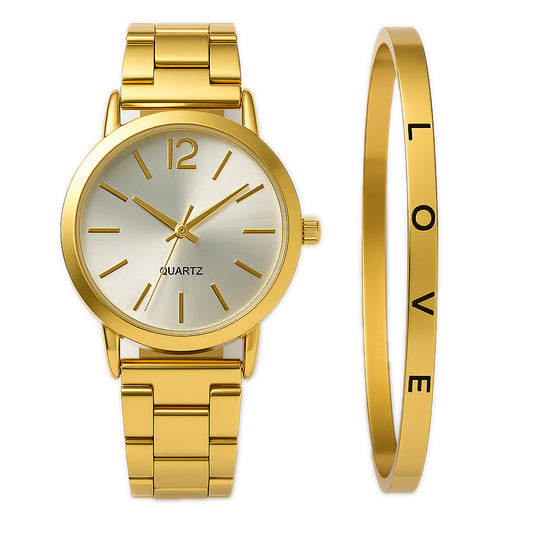 Gouden Horloge en Armband Set voor Dames – LuxeGlow™ – Tijdloos en Minimalistisch Design