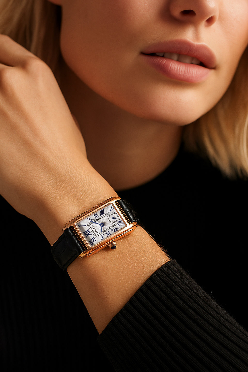 
Stijlvol dameshorloge – rechthoekig design – gouden kast & zwarte leren band Hand