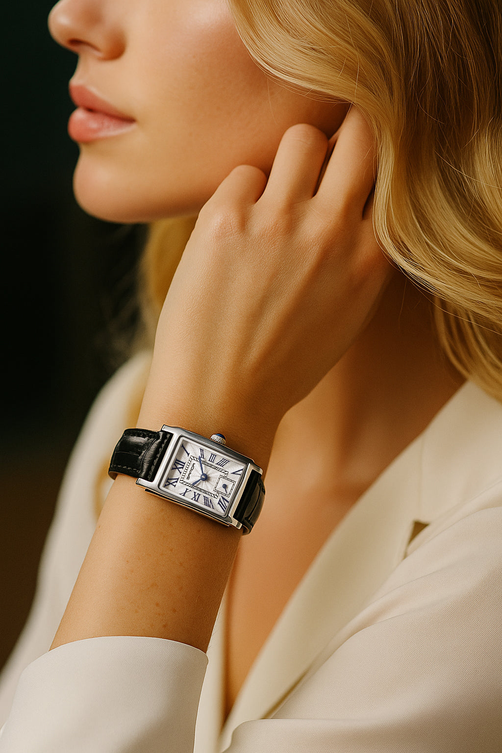  Stijlvol dameshorloge – rechthoekig design – zilveren kast & zwarte leren band Hand